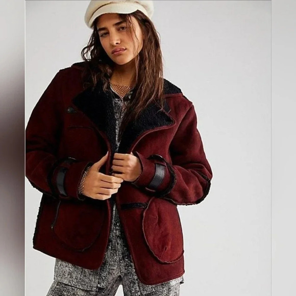 New Free People‎ Cassidy Cozy Jacket SUEDE SHERPA $698 XS Burgundy & Black - Picture 1 of 16